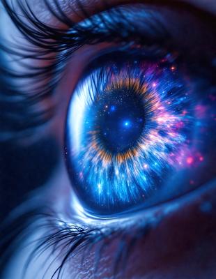 The primary subject of the image is a close-up of a person's eye, showcasing the iris and the blue color of the eye. The setting is a dark background, which emphasizes the eye and its vibrant color. The visual style is a digital art or illustration, creating a surreal and intriguing atmosphere. The dominant colors are blue and purple, with the blue eye standing out against the dark background.